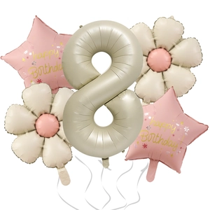 Champagne beige number 8 balloon set with daisy flowers and pink happy birthday stars