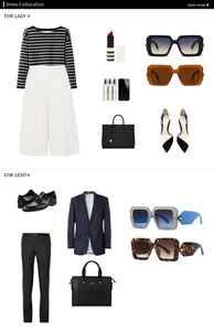 Baroque sunglasses displayed with modern outfits for both men and women in flat lay