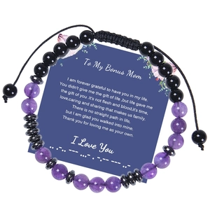 Morse code bracelet with purple amethyst beads and Morse code card for Bonus Mom