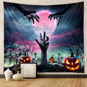 Halloween wall tapestry featuring zombie hand and full moon for home room decoration