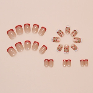24pcs French cherry press-on nails with red tips and patterns on translucent base