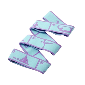 Blue and purple yoga stretch strap with 8 numbered sections and pose patterns