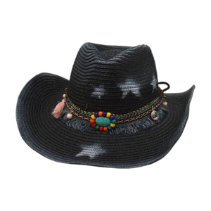 Black straw cowboy hat with white star patterns and bohemian turquoise beaded band decoration