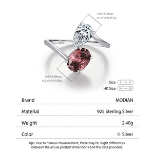 S925 sterling silver open ring with pear cut cubic zirconia and oval red stone