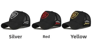 Detailed comparison of trucker hats with lion embroidery in silver, red and yellow