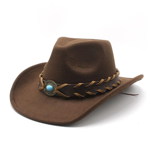 Western Cowboy Hat Vintage Wide Brim Cotton Polyester With Leather Band And Turquoise Bead Ethnic Style Jazz Fedora For Men Women