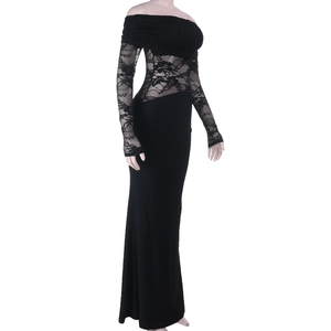 Detail der Spitzennaht und des transparenten Meshs an diesem schulterfreien Maxikleid