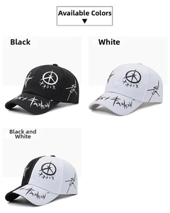 Detail view of cotton baseball caps with street graffiti and star patterns in three colors