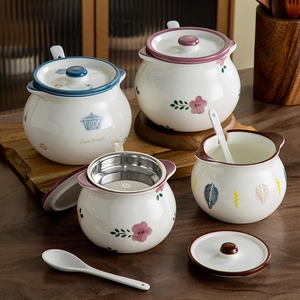 Ceramic Lard Jar With Lid And Spoon Heat Resistant Japanese Style Floral Pattern Spice Container Kitchen Oil Storage Pot