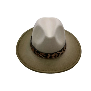 Detail of the leopard print ribbon band on a two-tone wide brim fedora hat