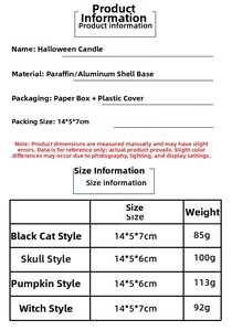 Detailed packaging specifications and dimensions for various Halloween paraffin candles
