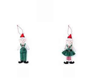 Detail of plush Christmas elf ornaments in green suspenders and striped stockings