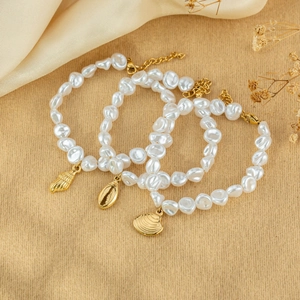 Baroque Imitation Artificial Pearl Beaded Bracelet With Stainless Steel Shell Conch Pendant Ocean Beach Style For Women