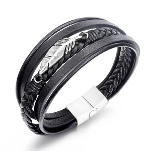 Fashionable multilayer black leather woven bracelet with silver metal feather and magnetic clasp