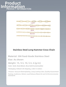 Detailed size chart of 18k gold plated 304 stainless steel oval cross chains in various sizes