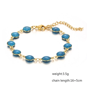 18K gold plated stainless steel bohemian bracelet with blue glitter charms, 16+5cm chain