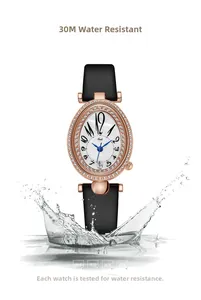 Elegant oval rose gold watch with diamond bezel and 30m water resistance display