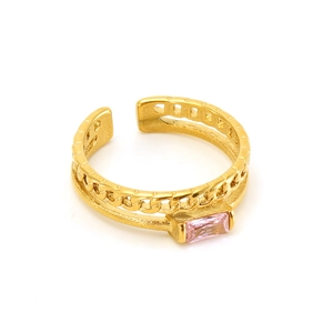 Golden double-layer stainless steel adjustable ring with pink rectangular zircon stone