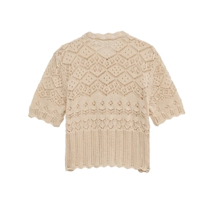 Women's beige crochet knit short sleeve top with intricate hollow patterns and scalloped edges