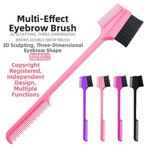 Dual-ended eyebrow brush with angled bristles and grooming comb in pink, purple, and black