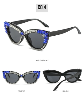 Detail shots of black cat-eye sunglasses with blue and white rhinestones from three angles