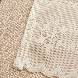 Close-up of cream crochet lace tablecloth showing delicate floral patterns and scalloped edges