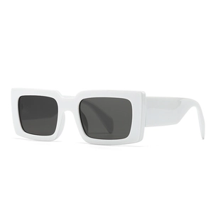 Retro white rectangle frame sunglasses with dark lenses shown at a 45-degree angle