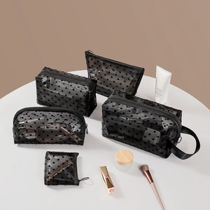 Heart Print Mesh Makeup Bag Transparent Zippered Cosmetic Pouch Travel Storage Organizer Lightweight Portable For Women