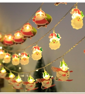 Detail of Santa and Snowman LED string lights with warm glowing festive characters