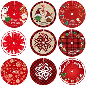 Christmas Tree Skirt Round Polyester Fabric Buffalo Plaid Santa Snowflakes Pattern Holiday Party Home Decor Base Cover