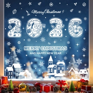 2026 Christmas window decals with white snowflakes and Santa Claus on glass window