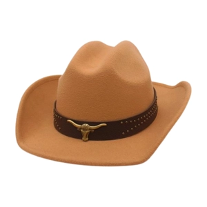 Chapeau de cowboy kaki classique avec bandeau riveté en cuir et emblème de tête de taureau