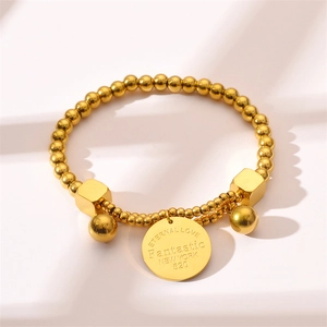 Minimalist gold titanium steel bead bracelet with Eternal Love engraved disc charm