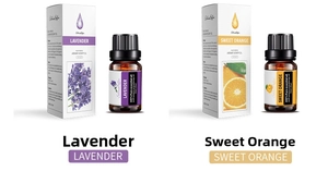 Detail view of 10ml Lavender and Sweet Orange essential oil bottles with retail boxes
