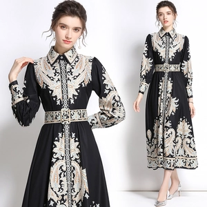 Vintage Paisley Print Maxi Dress Long Sleeve Lapel Button Down Belted Elegant High Waist Retro A Line Long Dress Women