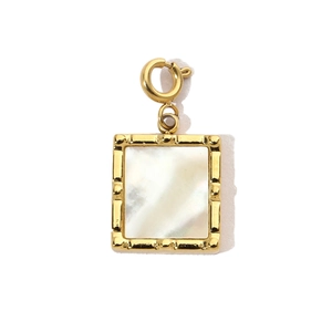 Detail of a rectangular golden shell pendant featuring a spring clasp and vintage texture