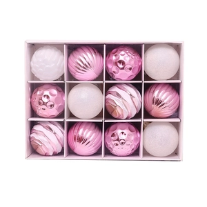 Set of 12 assorted pink and white 6cm painted Christmas ball ornaments in a gift box