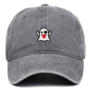 Washed grey cotton baseball cap featuring cute ghost embroidery for Halloween styling