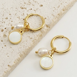 Hoop Earrings With Freshwater Pearl And Mother Of Pearl Shell Pendants Gold Plated Stainless Steel French Vintage Jewelry