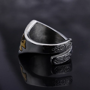 Gothic stainless steel open ring with gold cross emblem and floral engraving