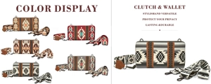 Detail of bohemian canvas clutch and wallet with multiple ethnic Aztec patterns