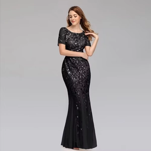 Elegant black mermaid evening gown with silver sequin leaf patterns and short sleeves