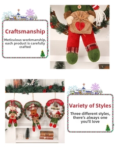 Detail of Christmas wreath with plush reindeer and snowman decor on rustic vine ring