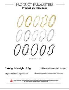 Detailed view of 15-piece mixed metal rings set with dimensions and material specs
