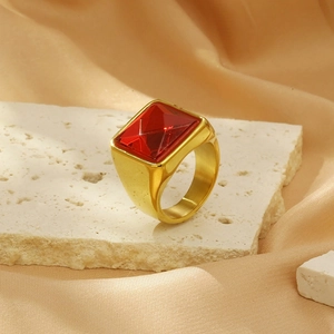 Bold vintage gold-plated titanium steel ring with a large rectangular red zircon stone