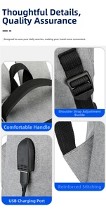 Detail view of reinforced handle, USB port, and adjustable buckle on grey business backpack