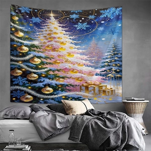 Detailed view of Christmas tapestry with golden ornaments and blue snowflakes on a bedroom wall
