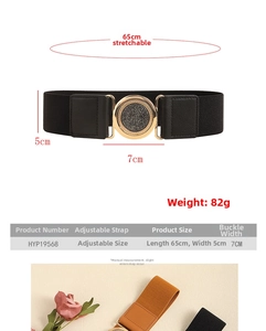 Detailed size chart showing width and length for the elastic vintage waist belt