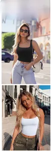 Detail of square neck ribbed crop tops in black and white shown in an urban setting