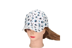 Close-up of a white baseball cap with stylish blue and black leopard print pattern